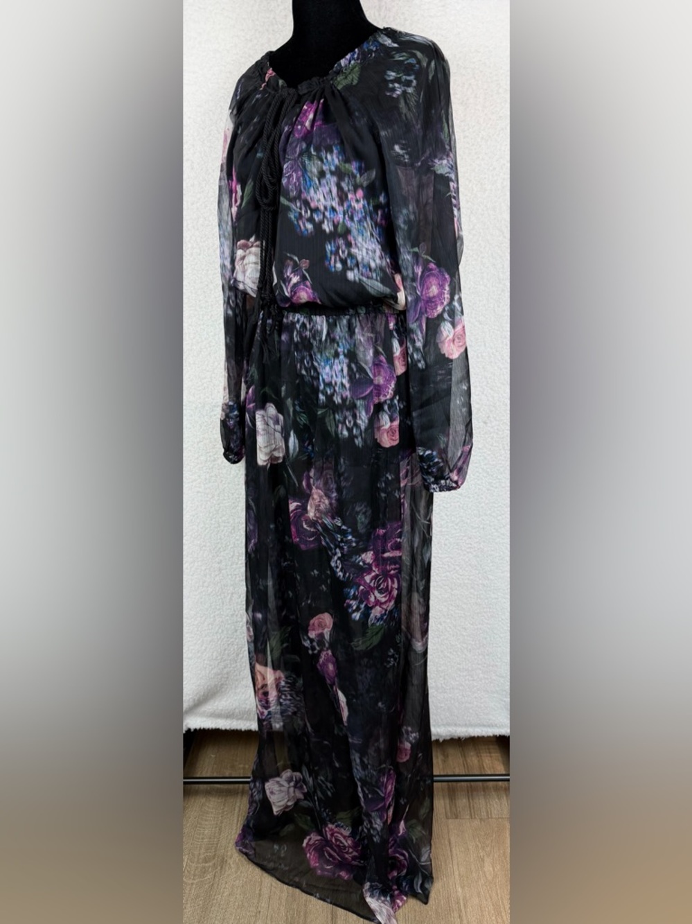 (NWT) THE JETSET DIARIES • Black/Multi Floral Peony Semi-Sheer Maxi Dress, L - Picture 4 of 14
